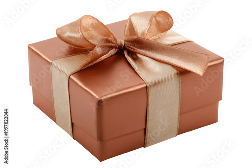 Elegant Bronze Gift Box with Silk Ribbon Bow Isolated on White Background