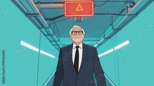 Senior Businessman in Futuristic Corridor with Warning Sign