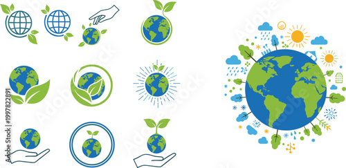 Eco Earth and Sustainability Icons Collection with Green Planet, Leaves, Climate Symbols, and Environmental Protection Concepts for Nature and Energy Illustration