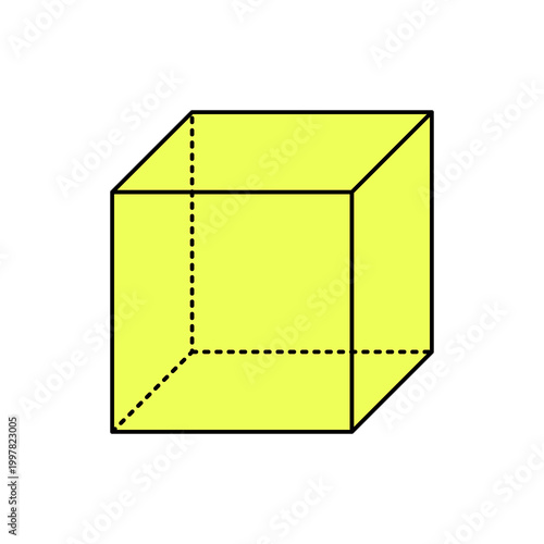 Yellow 3D cube with dashed hidden edges in clean outline style. Simple vector illustration for geometry, math education, perspective drawing, and technical design concepts.