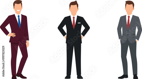 Business men vector set with formal suits, confident poses, corporate professionals, office characters, and modern workplace illustration collection