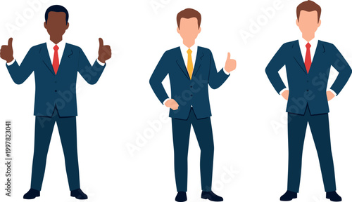 Business people vector set with confident men in suits showing thumbs up gestures, corporate characters, professional office illustration collection