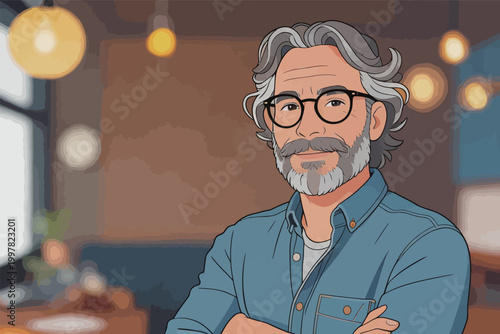 Mature Man with Gray Hair and Beard in Denim Shirt