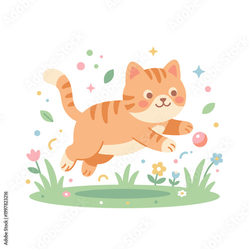 A cheerful orange striped tabby cat with rosy cheeks happily jumps through a vibrant green grassy field, surrounded by whimsical colorful leaves and tiny flowers.