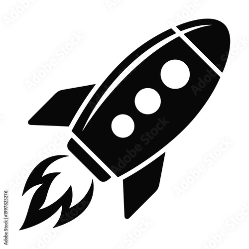Black rocket ship icon with flames launching into space