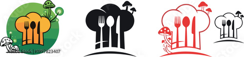 Chef hat logo vector collection with kitchen utensils and mushroom elements, creative culinary branding symbols, restaurant icons, and modern cooking illustration set