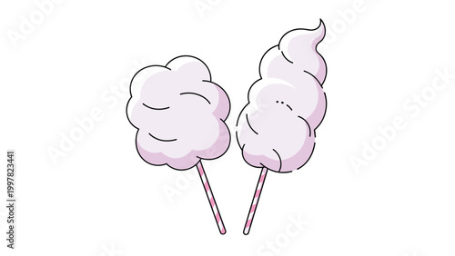 Two sticks of fluffy sweet pink cotton candy on striped paper sticks are presented clearly on a plain white background.