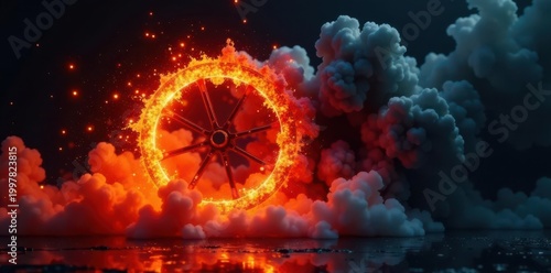 Fiery orange-red wheel explodes, swirling ink & smoke Dark background , fume, color, vintage