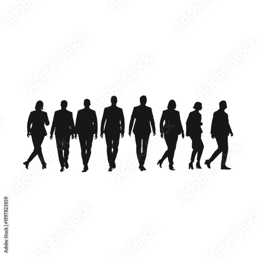Business professionals standing in a row represent a diverse corporate team prepared for a meeting, displayed as a solid black silhouette graphic that offers a clean aesthetic with wide copy space.