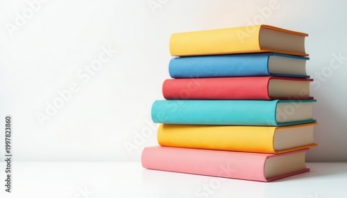 Organized stack of colorful paperback books on white , photography, new, macro