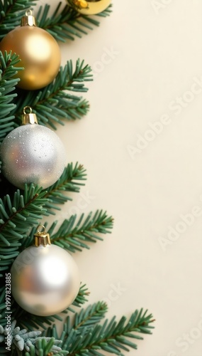Silver and gold ornaments with frosted greenery against a creamy backdrop , metallic, top view, clean
