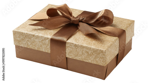 Elegant Bronze Gift Box with Satin Ribbon Bow Isolated on White Background for Holiday Celebrations
