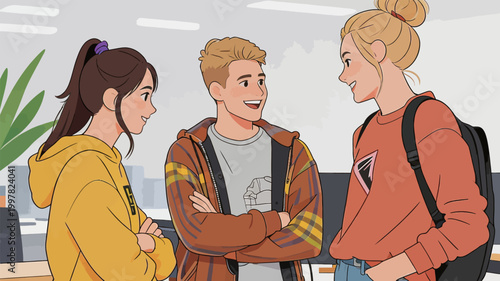 Three Friends Having a Conversation in Office Setting