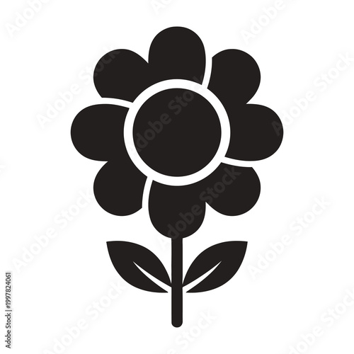 Black flower icon with white outline on stem and leaves