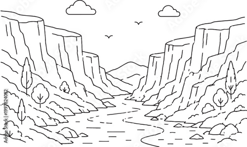 Obraz na płótnie Azerbaijan canyon river landscape icon minimalist line art river through canyon