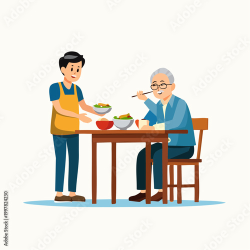 高齢者の食事介助をする介護スタッフのフラットイラスト