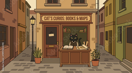 Charming cartoon illustration of a cat working in a quaint book and map shop on a cobblestone street.