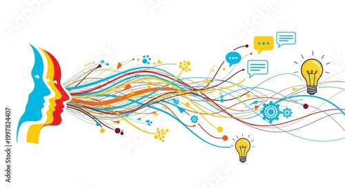 A symbolic vector illustration showcasing the innovation and creativity concept with colorful lines emanating from stylized human profiles to lightbulbs, gears, and speech bubbles, set