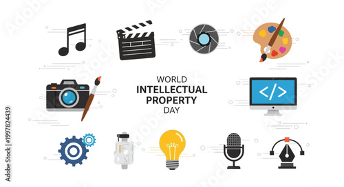Vector illustration featuring World Intellectual Property Day with icons of a music note, film slate, camera lens, artist's palette, camera, computer monitor, gear, lightbulb, microphone