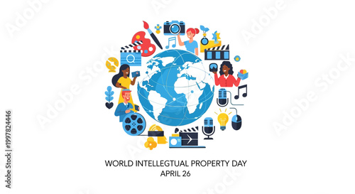 An illustrative vector design for World Intellectual Property Day features a central globe surrounded by symbols of creative ownership, patent innovation, and copyright protection