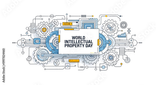 Detailed vector illustration celebrating World Intellectual Property Day features intricate line art of interconnected gears and circuitry against a clean white background