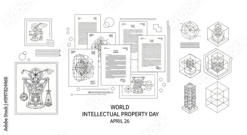 A minimalist vector illustration displays intellectual property documents and symbols in a clean, organized layout, celebrating World Intellectual Property Day with line art