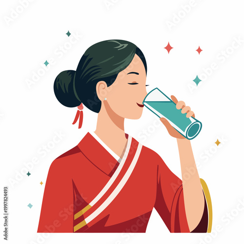 水分補給のためにペットボトルの水を飲む女性のフラットイラスト