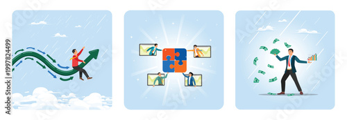 Leading direction concept. Work together. Success investor concept. Happy businessman with money.
