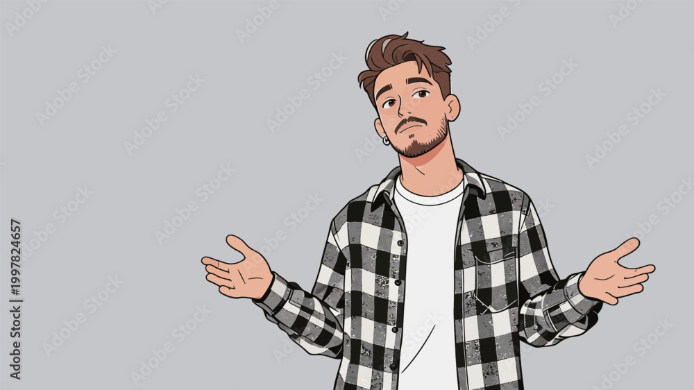 Naklejka premium Confused Man with Plaid Shirt Gesturing Hands