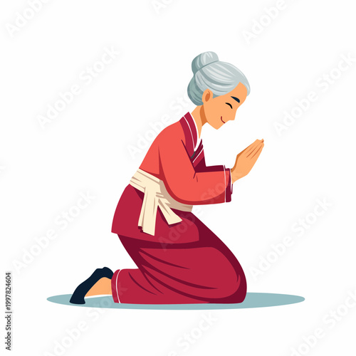 丁寧にお辞儀をして挨拶をするシニア女性のフラットイラスト