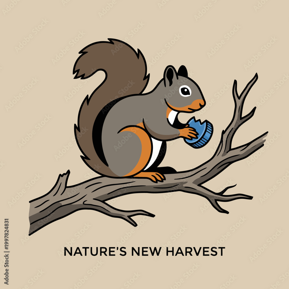 Fototapeta premium Cute cartoon squirrel sitting on a tree branch holding a nut.