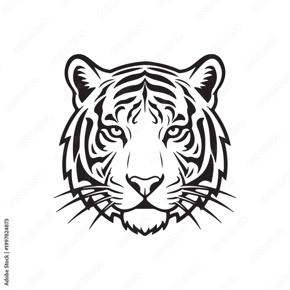 Fototapeta premium Tiger head logo vector icon illustration line outline on white background.