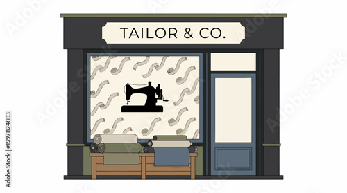 Tailor Shop Facade with Sewing Machine Icon and Seating Area.