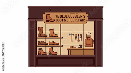 Vintage Ye Olde Cobblers Boot and Shoe Repair Shop Facade with Display.