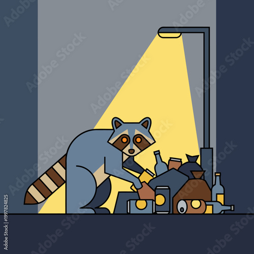 Raccoon foraging in trash illuminated by street light in alley at night.