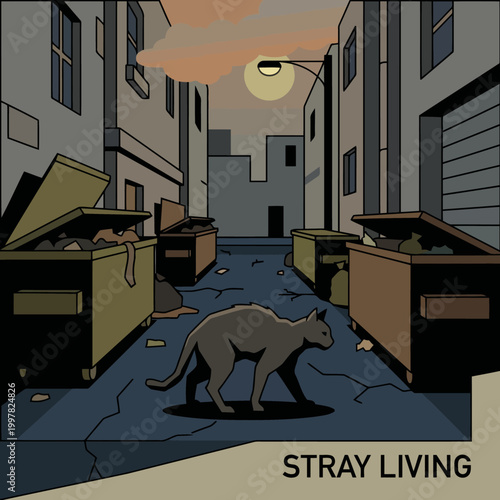 A lone stray cat walks through a dark alleyway at dusk with overflowing dumpsters.
