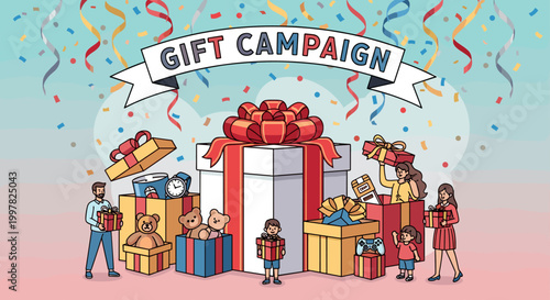 A vibrant illustration depicts a heartwarming gift campaign with diverse people of all ages joyfully presenting and receiving beautifully wrapped presents, surrounded by festive confetti and balloons.