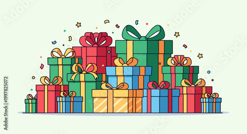 A vibrant illustration of a large pile of colorful gift boxes with ribbons and bows, adorned with confetti, suggesting celebration and presents.