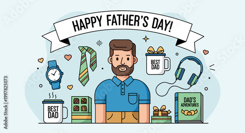 Happy Father's Day illustration featuring a dad surrounded by gifts like a tie, watch, headphones, coffee mug, and chocolates.