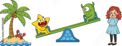 Tropical island with crab, cartoon characters on seesaw and surprised girl illustration set, kids fun and fantasy themed vector collection design