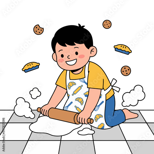 Young boy happily rolling dough with a rolling pin surrounded by cookies and pies.