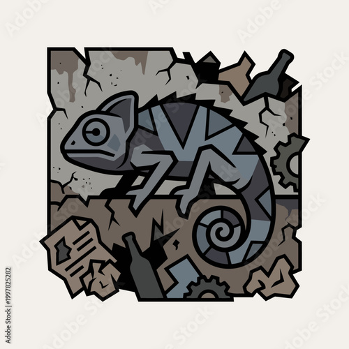 Chameleon perched on debris with gears and bottles symbolizing adaptation and industry.