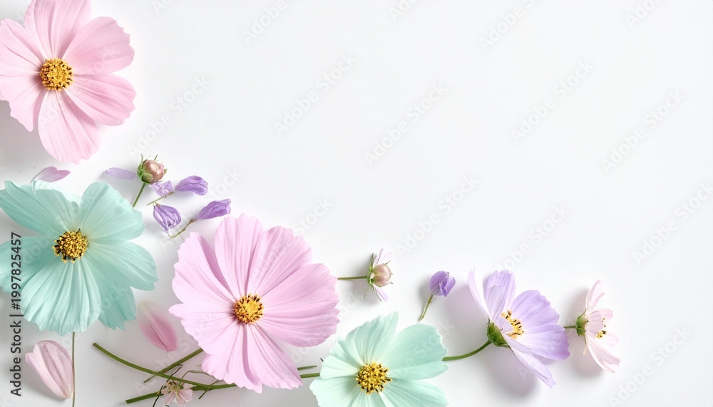 Naklejka premium Elegant arrangement of delicate pastel cosmos flowers blooming on a pristine white background, forming a serene corner frame ideal for sophisticated spring themes and gentle beauty