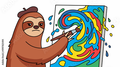 Sloth artist painting a colorful abstract masterpiece with a brush and beret.