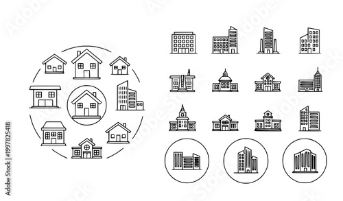 Minimal building icon set thin line landmark apartment house school vector isolated on white background