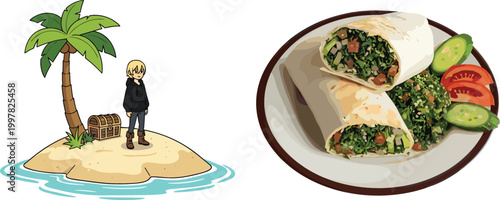 Desert island with palm tree and treasure, and wrap sandwich illustration set, adventure and food themed vector collection design