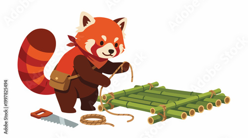 Cute Red Panda Building a Bamboo Raft with Tools.