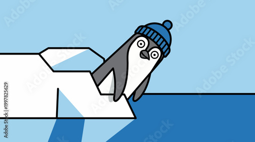 Cute cartoon penguin wearing a blue beanie hat peeking out from an iceberg.