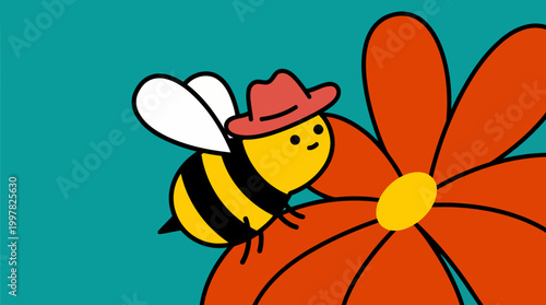 Cute cartoon bee wearing a hat on a large orange flower against a turquoise background.