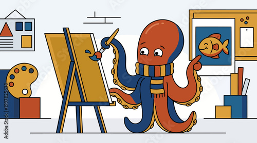 Creative octopus artist painting a fish on canvas in studio.